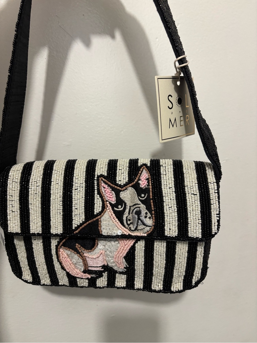 Sol & Mer Black & White Striped Beaded Bag Frenchie Dog